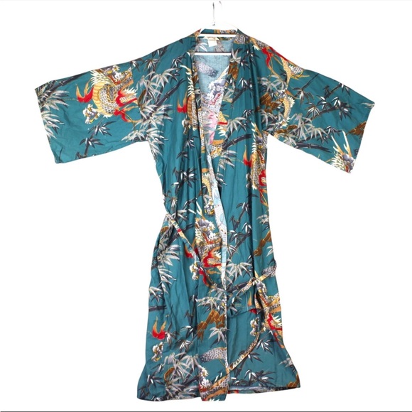 Other - Vintage Japanese Kimono Dragon Tiger Paint 100% Cotton Teal Belted One Size